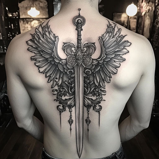 Black and grey tattoo with medieval weaponry