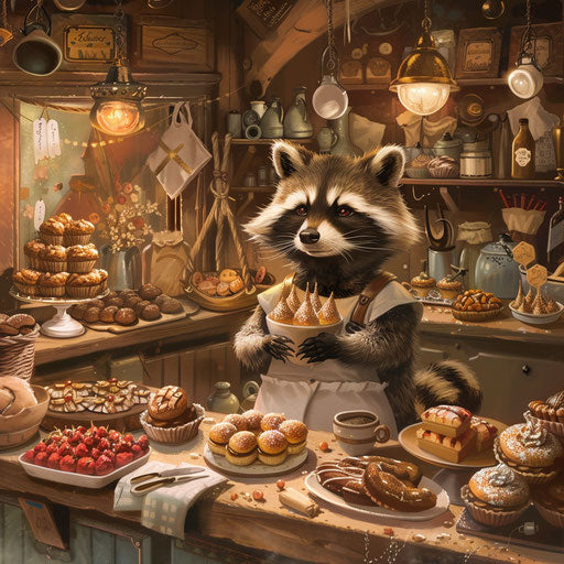 A raccoon baker creating whimsical pastries in a cozy bakery.