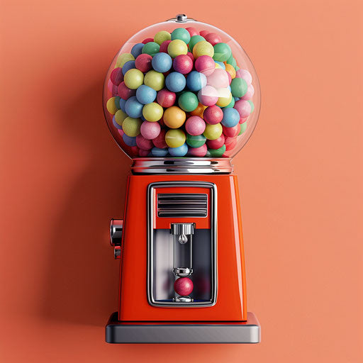 Realistic gumball machine on a flat, vibrant coral background