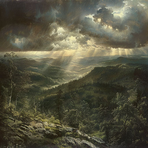 Historical portrayal of Ozark Mountains with detailed brushstrokes and dramatic skies