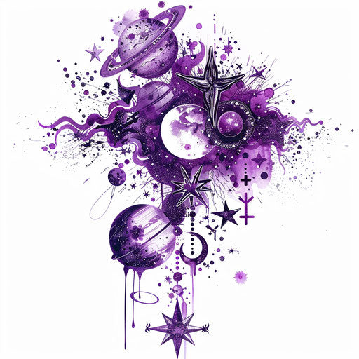 Violet astrological symbols tattoo design, mystic and celestial, on pure white background
