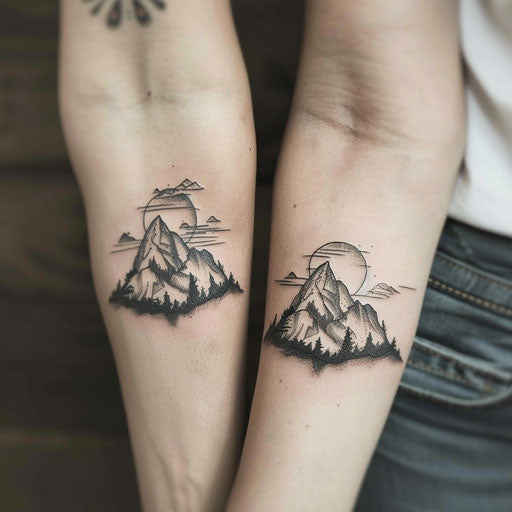 Matching sister tattoos of minimalist mountains, Steve Sack style, on forearm