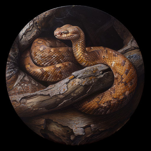 Copperhead snake coiled around a tree branch