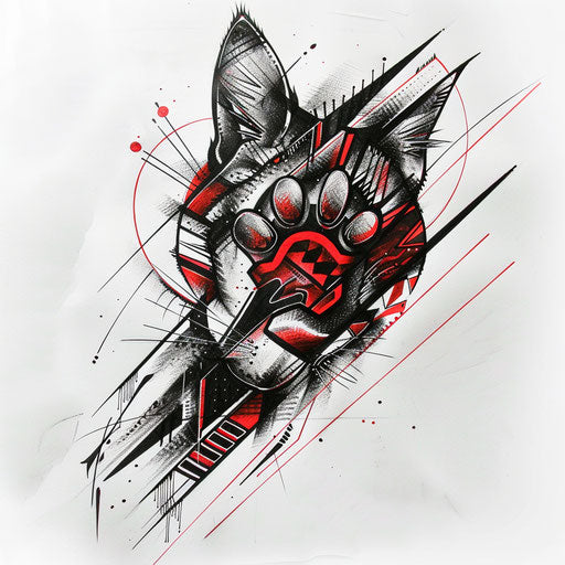 Bold sketch of a cat's paw print with geometric patterns in black and red