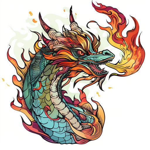 Flat tattoo sketch of a dragon breathing fire, vibrant colors