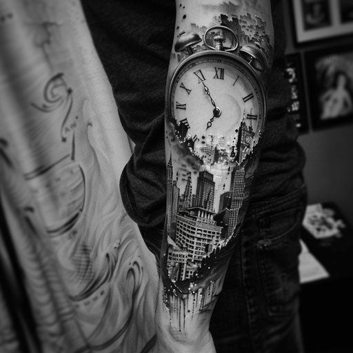 Sketch of a surrealistic clock melting over a cityscape tattoo