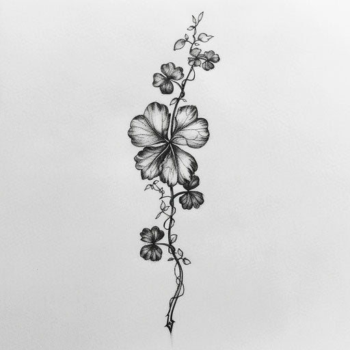 Elegant flat tattoo sketch of 4 leaf clover entwined with delicate ivy in monochrome ink