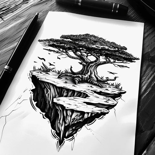 Black and white illustration of a traditional African landscape tattoo design
