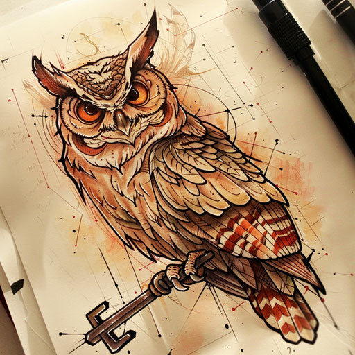 Traditional owl tattoo with key and book