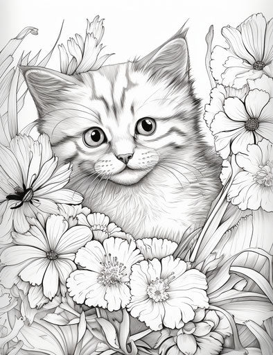 Kitten sitting in flower coloring page, Duffy Sheridan style