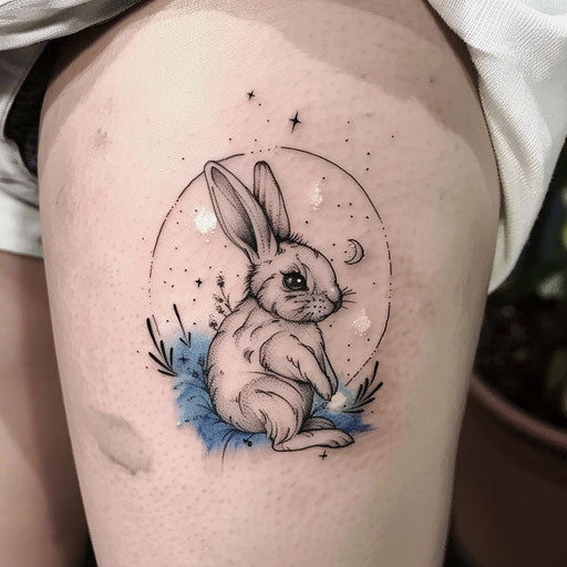 Mysterious sketch of a moonlit bunny with midnight blue and silver highlights