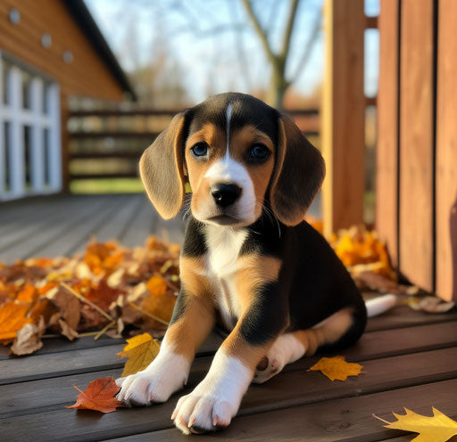 Beagle puppy on the porch, dark navy and light brown style