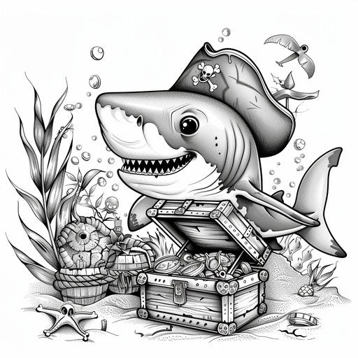 Shark with a pirate hat and a treasure chest