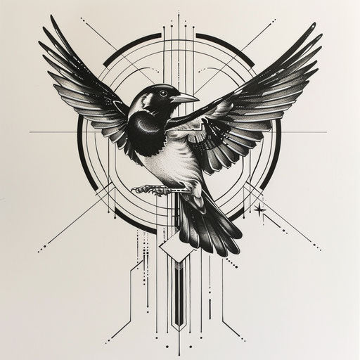 Art deco flat tattoo sketch with a magpie framed by geometric shapes