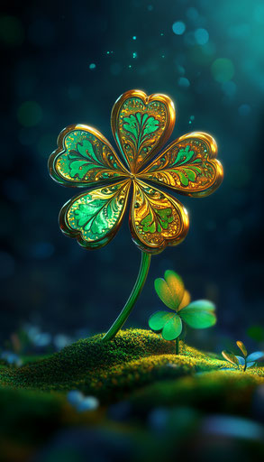 Shiny golden and green shamrock with glowing Irish designs
