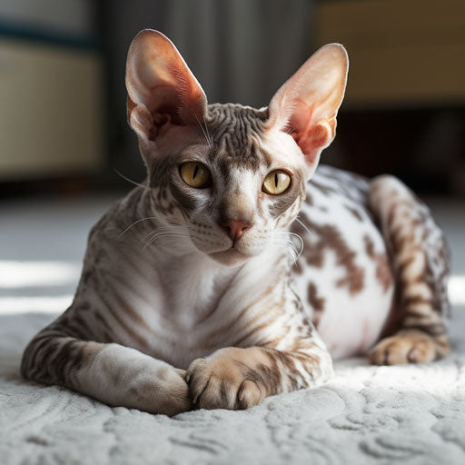 Cornish rex cat laying on a carpet
