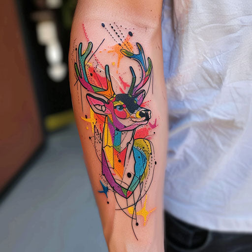 Electric neon deer in pop art style on white canvas