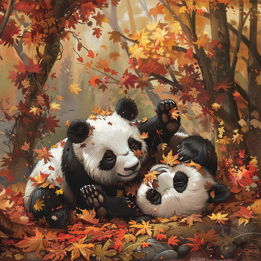 Two giant pandas playing in autumn leaves