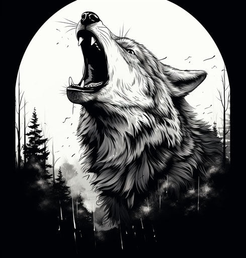 Howling wolf in black and white, strong facial expression