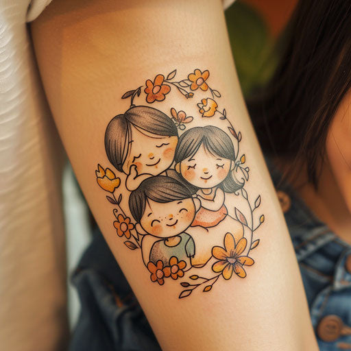 Beautiful flat clipart style tattoo sketch for three children tattoo for moms in a cute cartoon style