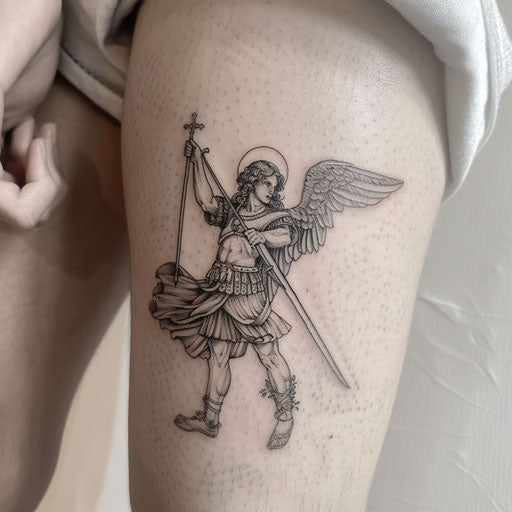Minimalist black ink tattoo of Saint Michael on white background