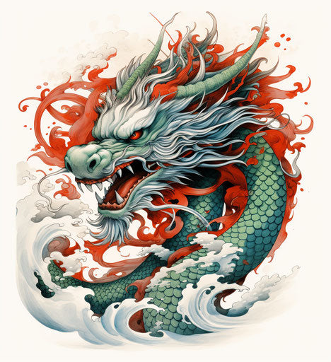 Chinese dragon tattoo drawing in red and black