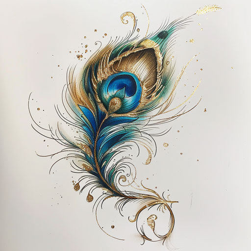 Elegant peacock feather tattoo sketch with gold foil elements for a luxurious feel