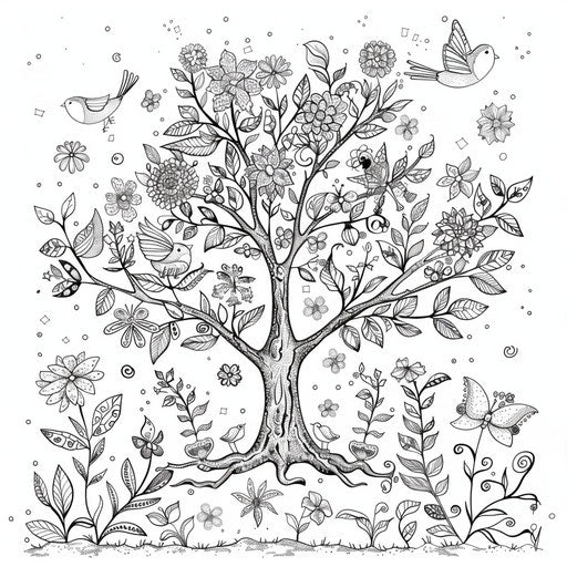 Whimsical tree with birds and flowers in springtime