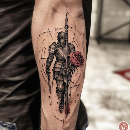 Rose tattoos for men in the style of David Palumbo with a warrior holding a rose