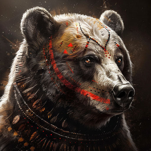 Majestic portrait of an elder bear with tribal markings