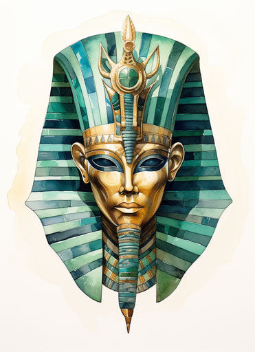 Egyptian mask in watercolor, light gold and light emerald
