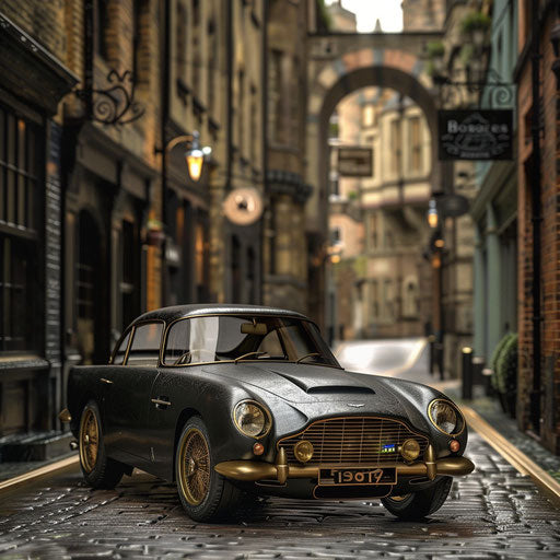Steampunk-inspired Aston Martin DB6 in old London alley