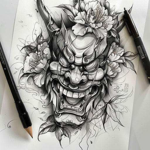 Tranquil tattoo sketch of a Hannya mask in a peaceful Zen garden