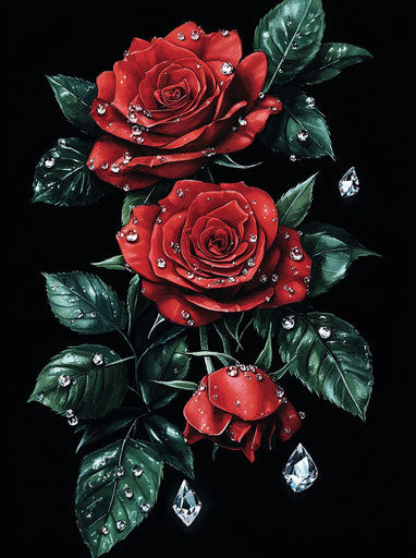 Red roses with crystals on black background, HD resolution