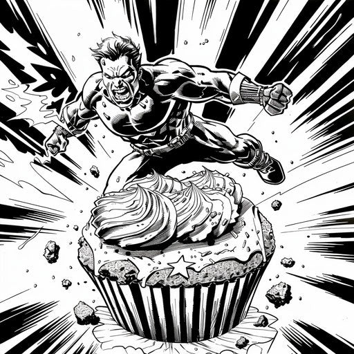 Action-themed cupcake with dynamic elements in the style of Mike Zeck Coloring book page