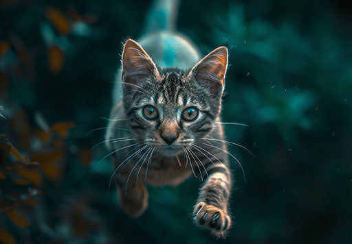 Tabby cat flying forward with raised ears