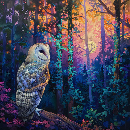 White spotted owl illuminated by the last rays of the setting sun