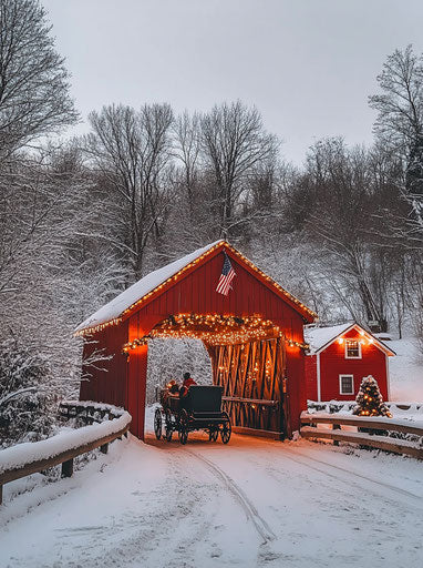 Covered bridge Christmas canvas wall art with lights