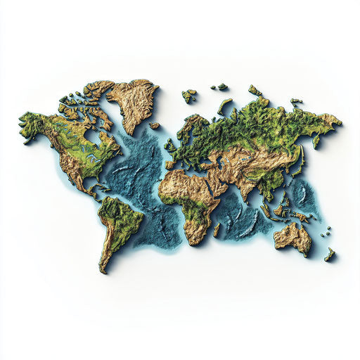 3D world map on flat white background in photo realistic style, isolated clipart