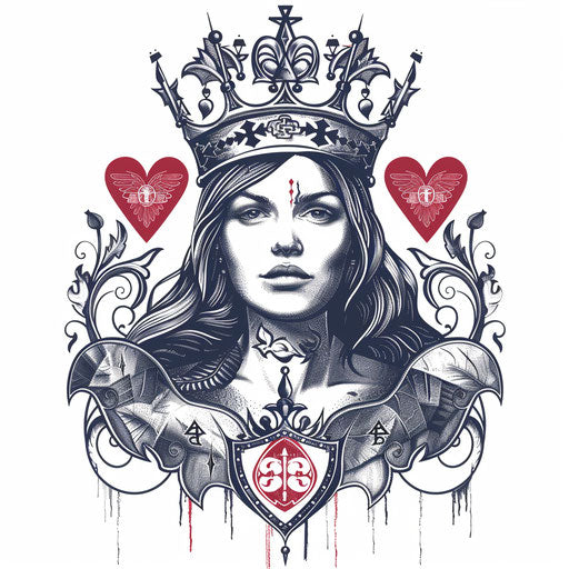 Medieval Queen of Hearts tattoo with heraldic symbols on white background
