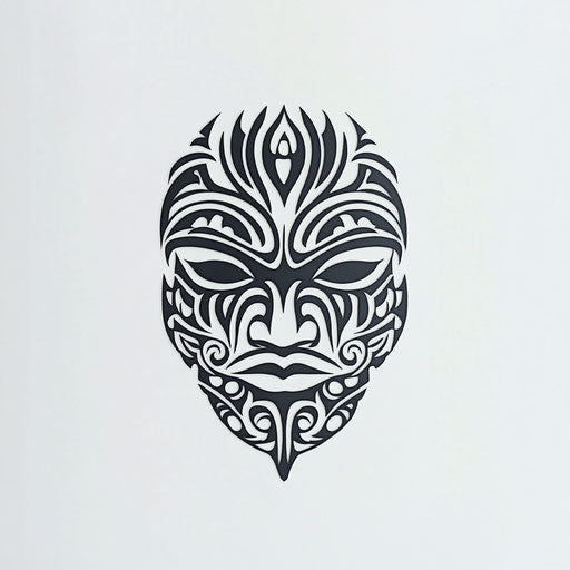Minimalist flat art of Maori face tattoo with traditional symbols