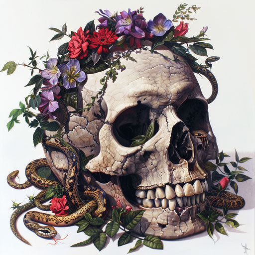 Skull with crown of flowers and serpents, dark realism style