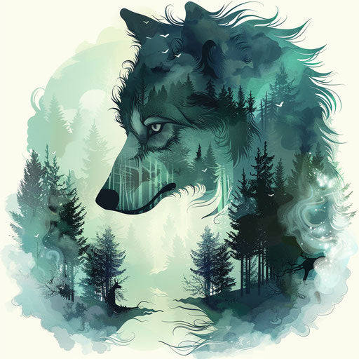 Flat tattoo sketch of a werewolf in a forest setting