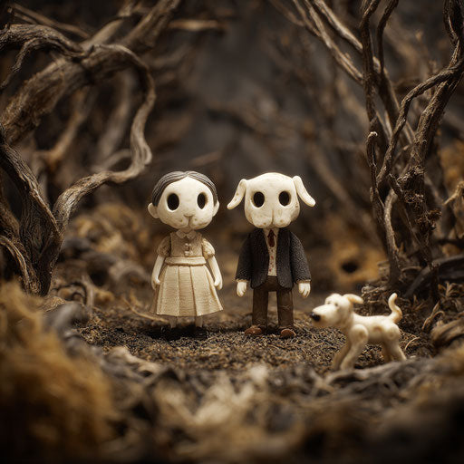 A small skeletal dog figure at the couple's feet