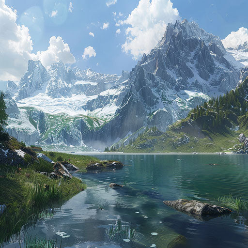 Glacial lake surrounded by snow-capped peaks