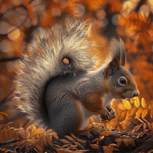 Squirrel with fluffy tail in an autumn scene in the style of Simen Johan