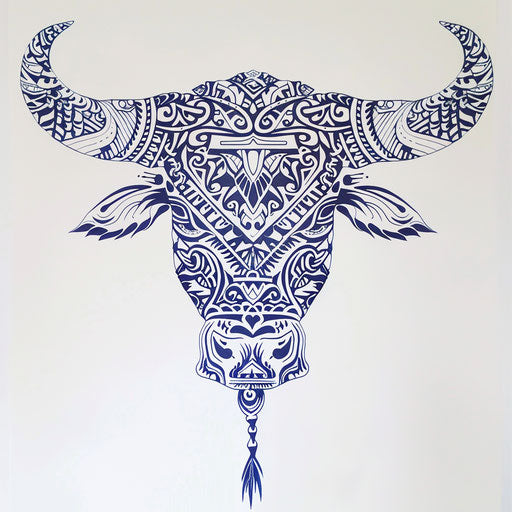 Polynesian bull tattoo outline on white canvas