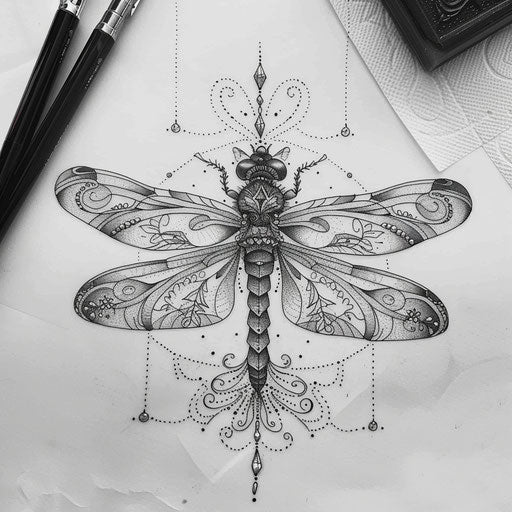Sketch of a tattoo of an elegant dragonfly with intricate lace patterns for wrist coverup for women