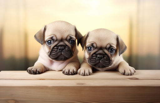 Two pug puppies on wooden boards, light maroon and light beige style, highly polished surfaces