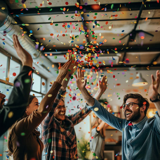 Dynamic team celebrates project milestone, confetti and high-fives